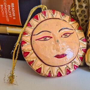 Vintage Sun & Moon Face Hanging Ornament Hand Painted Celestial Wall Decor